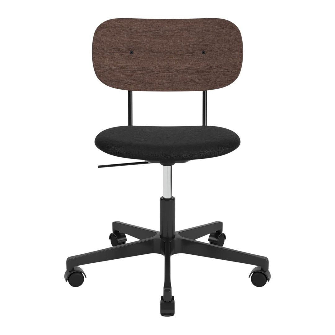 Black upholstered office chair with a wood grain backrest and a five-spoke base. Modern and minimalist design.