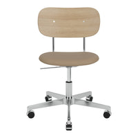 Light wood chair with a contemporary design, featuring a smooth surface and chrome accents. Ideal for modern workspaces.