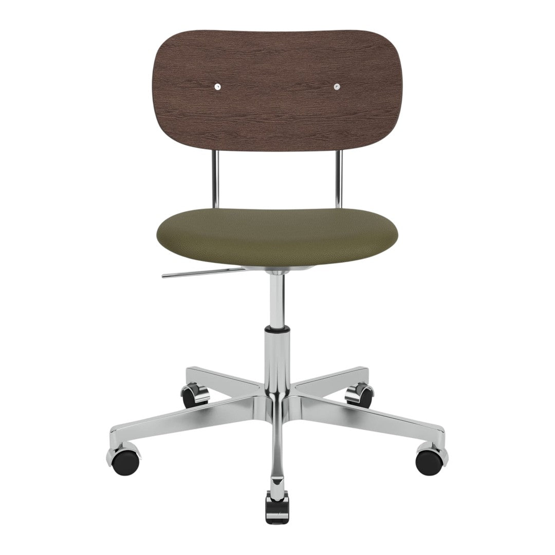 Modern office chair with a dark wood backrest and olive green seat, featuring a sleek chrome base and wheels.