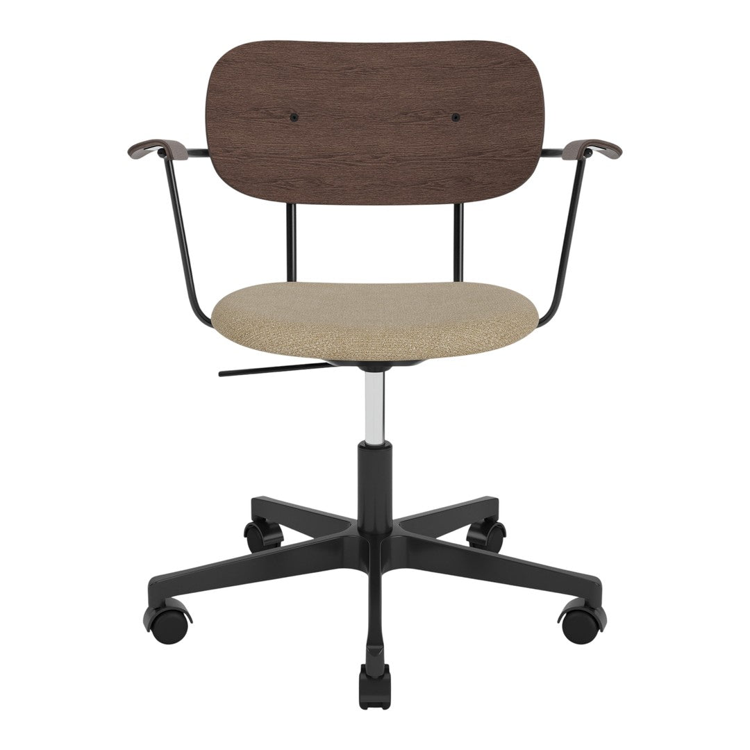 Modern office chair with a dark wood backrest, beige fabric seat, and a black metal base with rolling wheels.