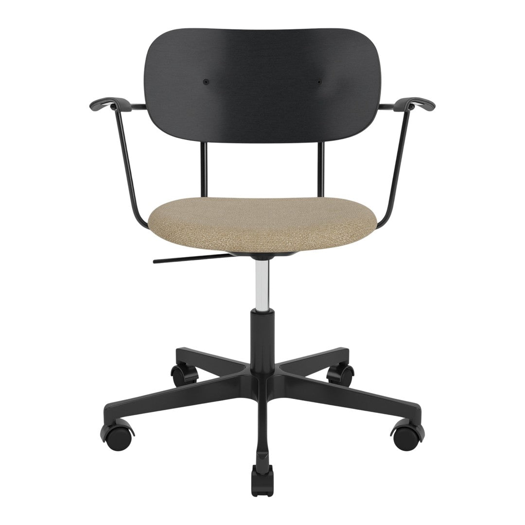 Black ergonomic office chair with a beige fabric seat, featuring a minimalist design and simple curved patterns.