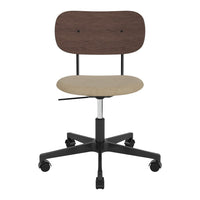 Wooden brown backrest, beige fabric seat, and black metal base. Sleek, modern design for any workspace.