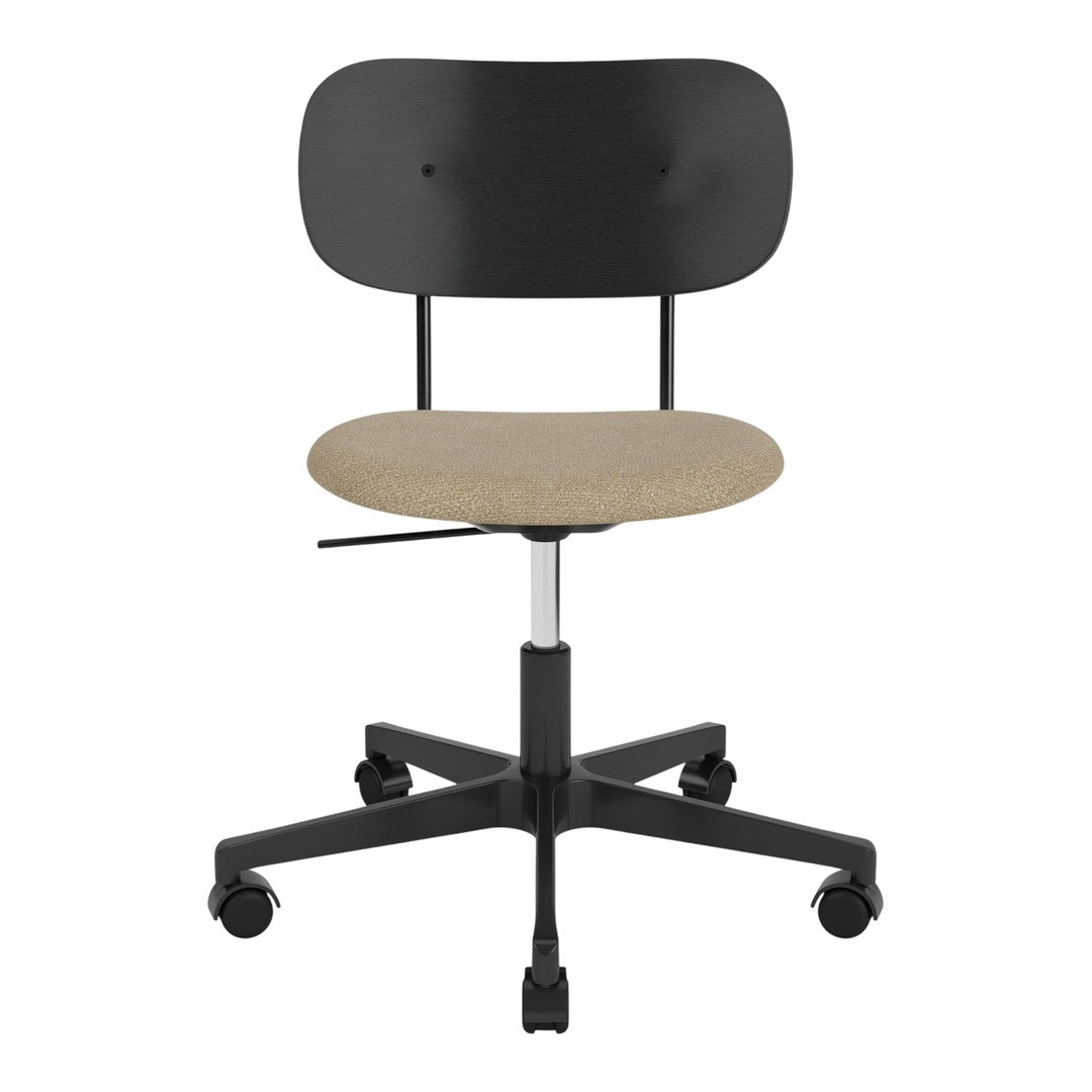 Black and beige rolling office chair with a sleek, modern design and a simple, padded seat.