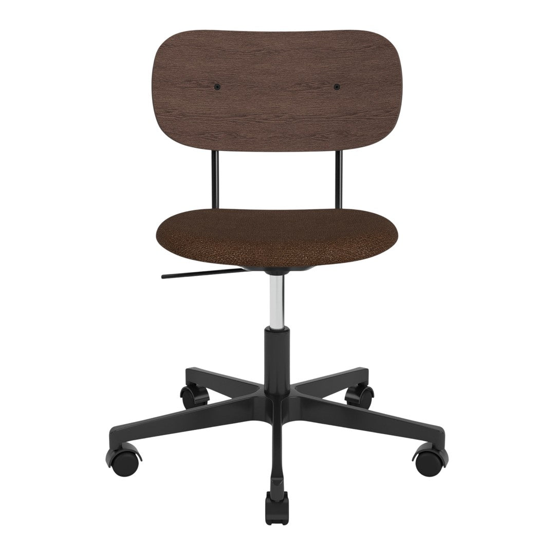 Brown wood finish with a smooth, minimalist design on a black wheeled base. Modern office chair for versatile use.