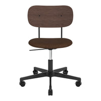 Brown wood finish with a smooth, minimalist design on a black wheeled base. Modern office chair for versatile use.