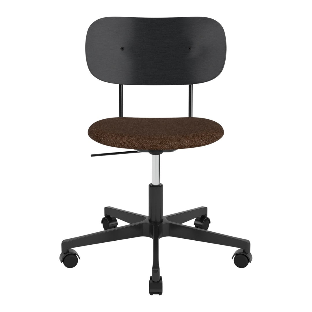Black modern office chair with a round brown upholstered seat, featuring a minimalist design and five wheels.