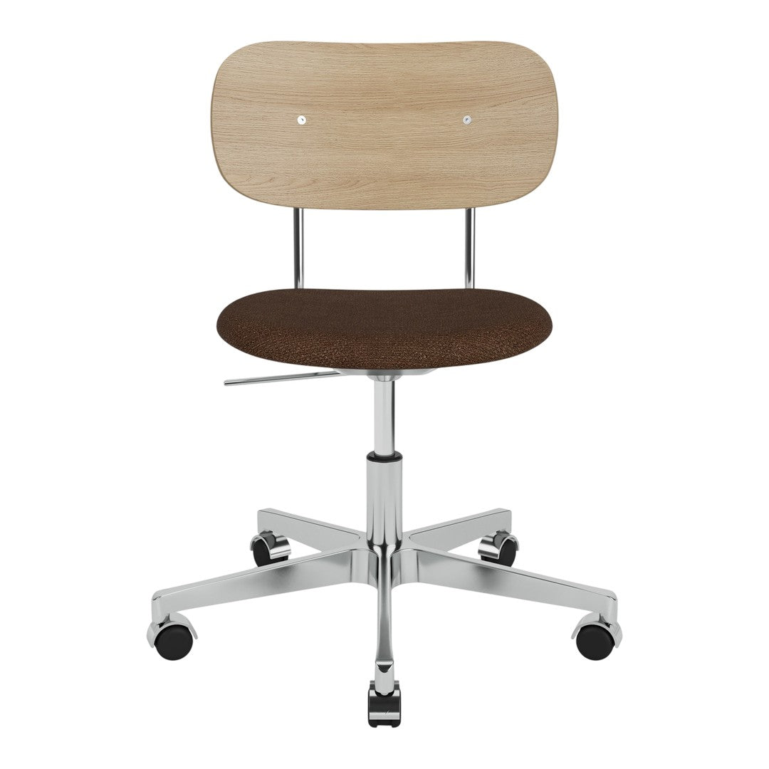 Light wood seat back, brown cushioned seat, chrome base with five black wheels. Modern, minimalist design.