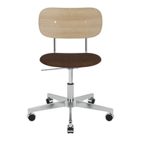 Light wood seat back, brown cushioned seat, chrome base with five black wheels. Modern, minimalist design.