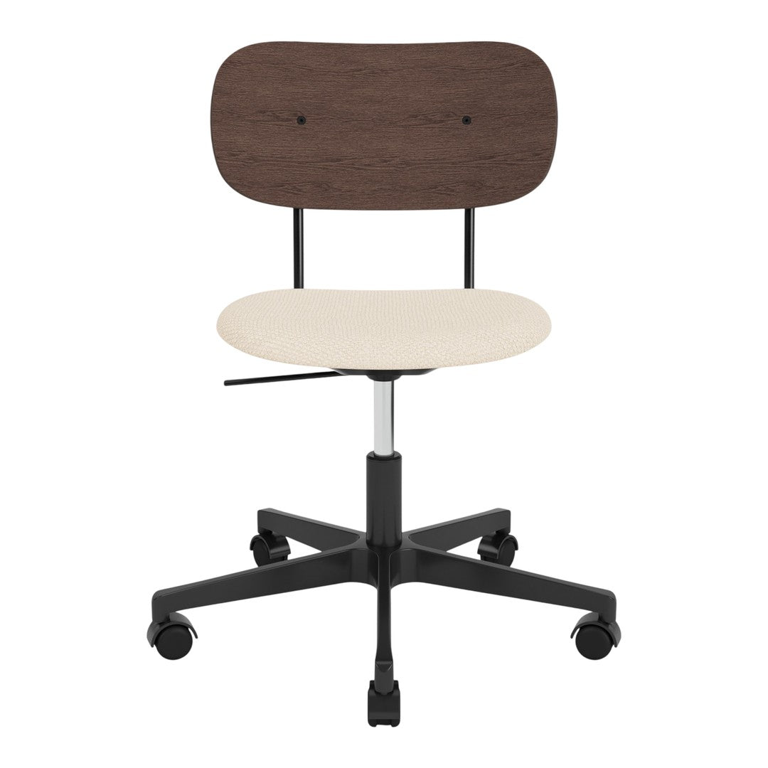 Modern ergonomic chair with a dark wood backrest, cream seat, and black base featuring five wheels.