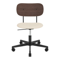 Modern ergonomic chair with a dark wood backrest, cream seat, and black base featuring five wheels.