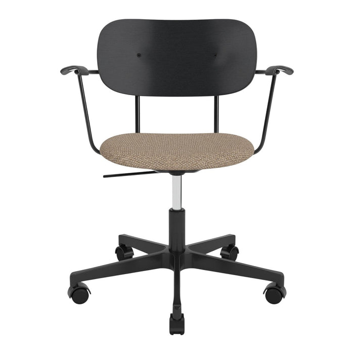 Black office chair with a textured beige seat, featuring a sleek, modern design and rolling wheels.