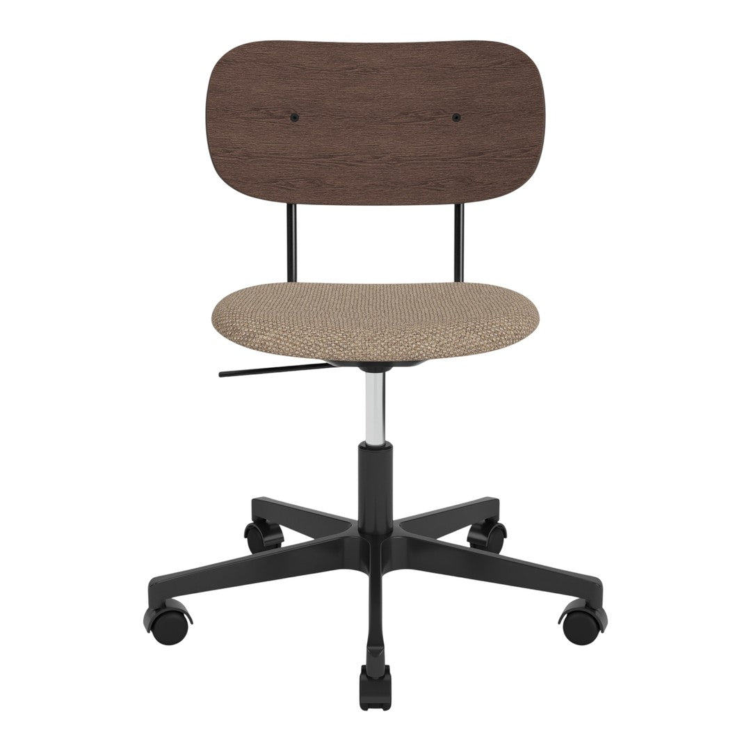 Modern office chair with a walnut wood backrest, beige textured seat, and a sleek black base and wheels.