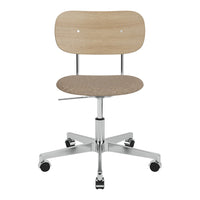 "Light wood-finish chair with natural grain pattern and chrome base, featuring a sleek, modern design."