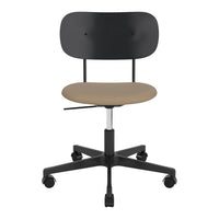 Black ergonomic chair with a round backrest and a beige cushioned seat, featuring a sleek, minimalist design.