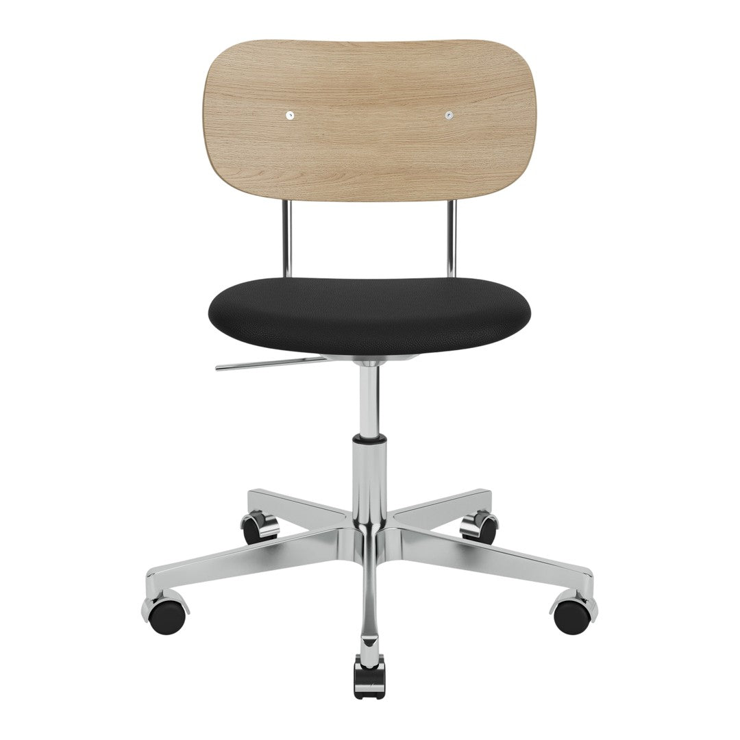 Modern office chair with a natural wood back, black seat, and chrome base, featuring minimalist design and smooth lines.