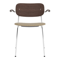 Brown wood backrest chair with beige seat and chrome legs, featuring a sleek, modern design. Perfect for any space.