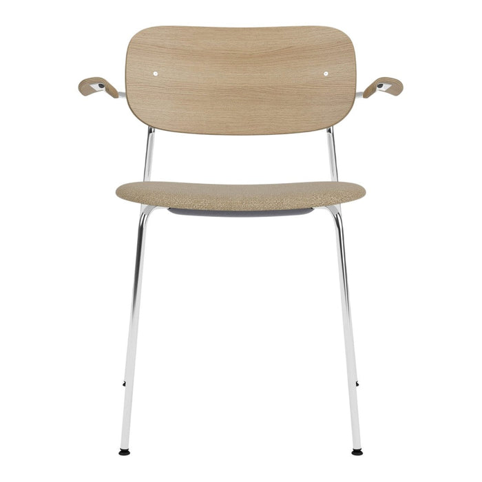 Light wood chair with natural grain, minimalist design, and chrome metal legs. Perfect for modern decor.