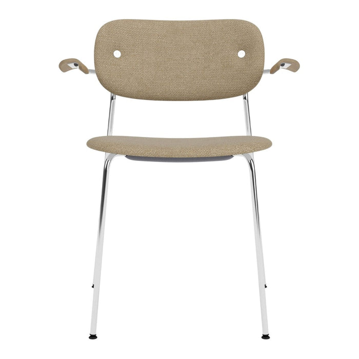Beige upholstered chair with chrome legs and minimalistic design. Ideal for modern and stylish interiors.