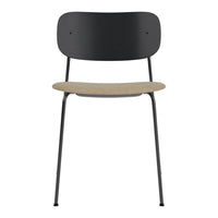 Black metal chair with a natural wood seat, featuring a smooth, minimalist design and elegant lines.