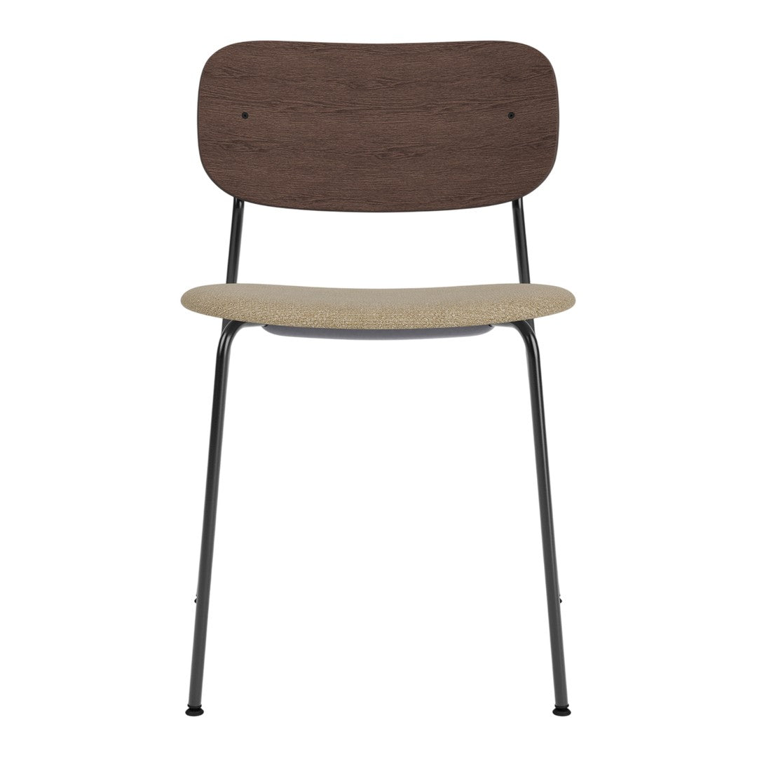 Wooden chair with a dark brown backrest, light beige seat, and sleek black metal legs for a modern look.