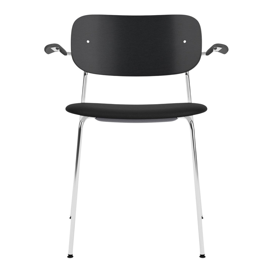 Black chair with a sleek design and chrome legs, featuring a minimalist pattern for modern decor.