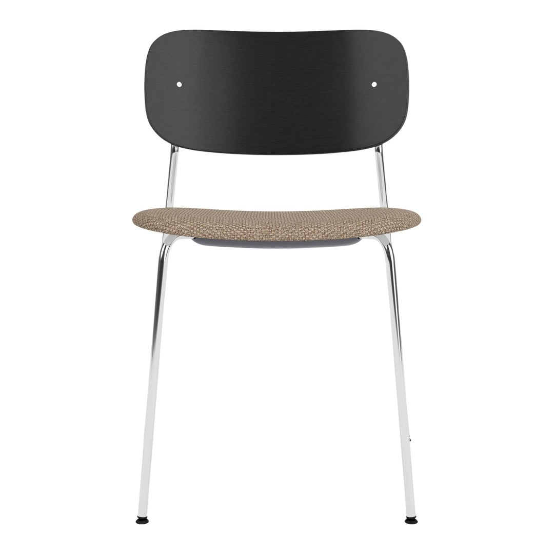 Black and cork chair with chrome legs, featuring a simple, modern design and a sleek color combination.