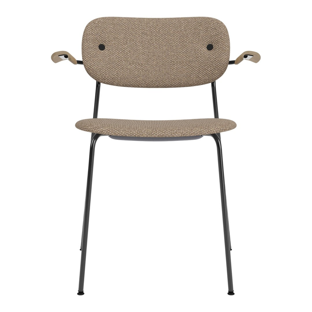 Brown textured fabric chair with black metal legs and armrests, featuring a simple, modern design.