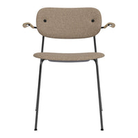 Brown textured fabric chair with black metal legs and armrests, featuring a simple, modern design.