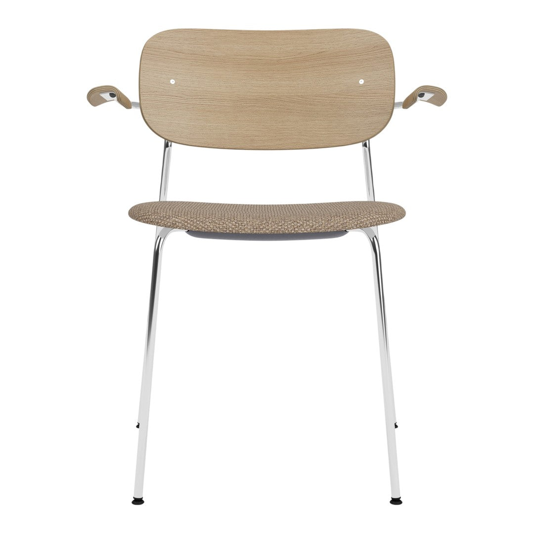 Light wood chair with a natural finish and a smooth, curved design; features a cork seat and sleek chrome legs.
