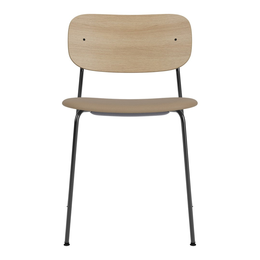 "Light wood chair with a smooth finish and simple black metal legs, featuring a minimalist design."