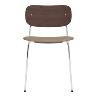 Brown wood grain backrest chair with a beige seat and sleek chrome legs, perfect for modern decor.