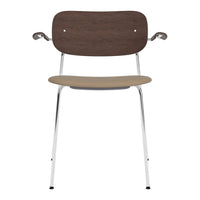 Brown wood finish with beige seat and chrome legs, featuring a simple and modern design.
