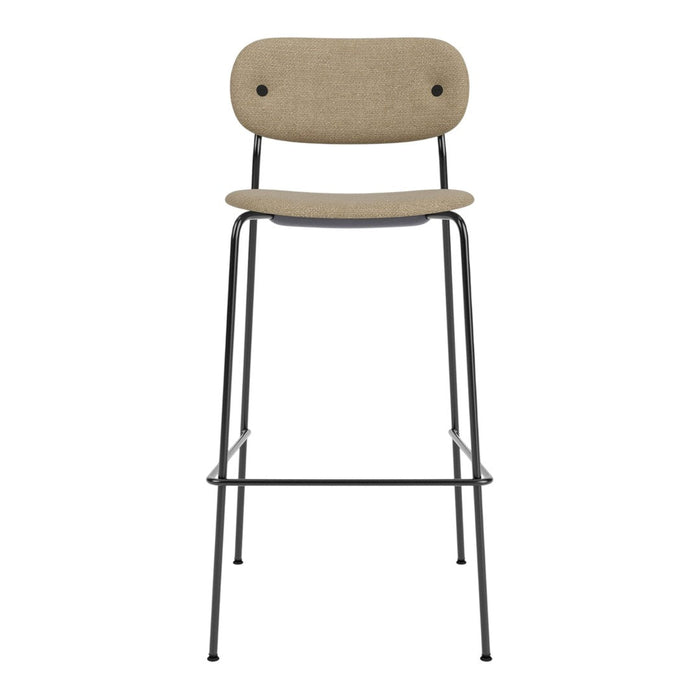 Tan upholstered bar stool with a minimalist black metal frame, featuring a simple, modern design.