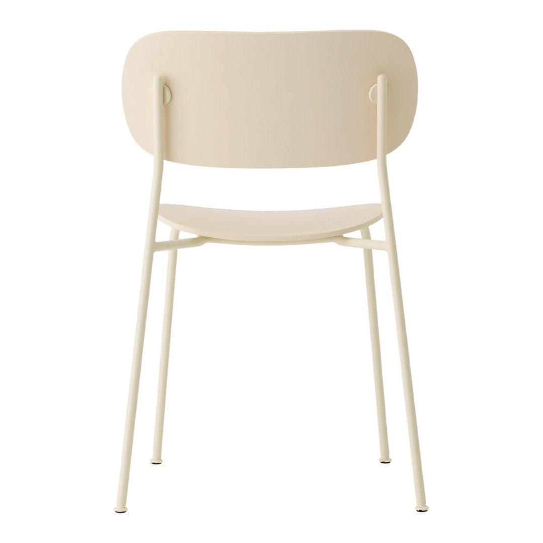 Cream-colored chair with a smooth, minimalist design and straight metal legs. Ideal for modern decor.