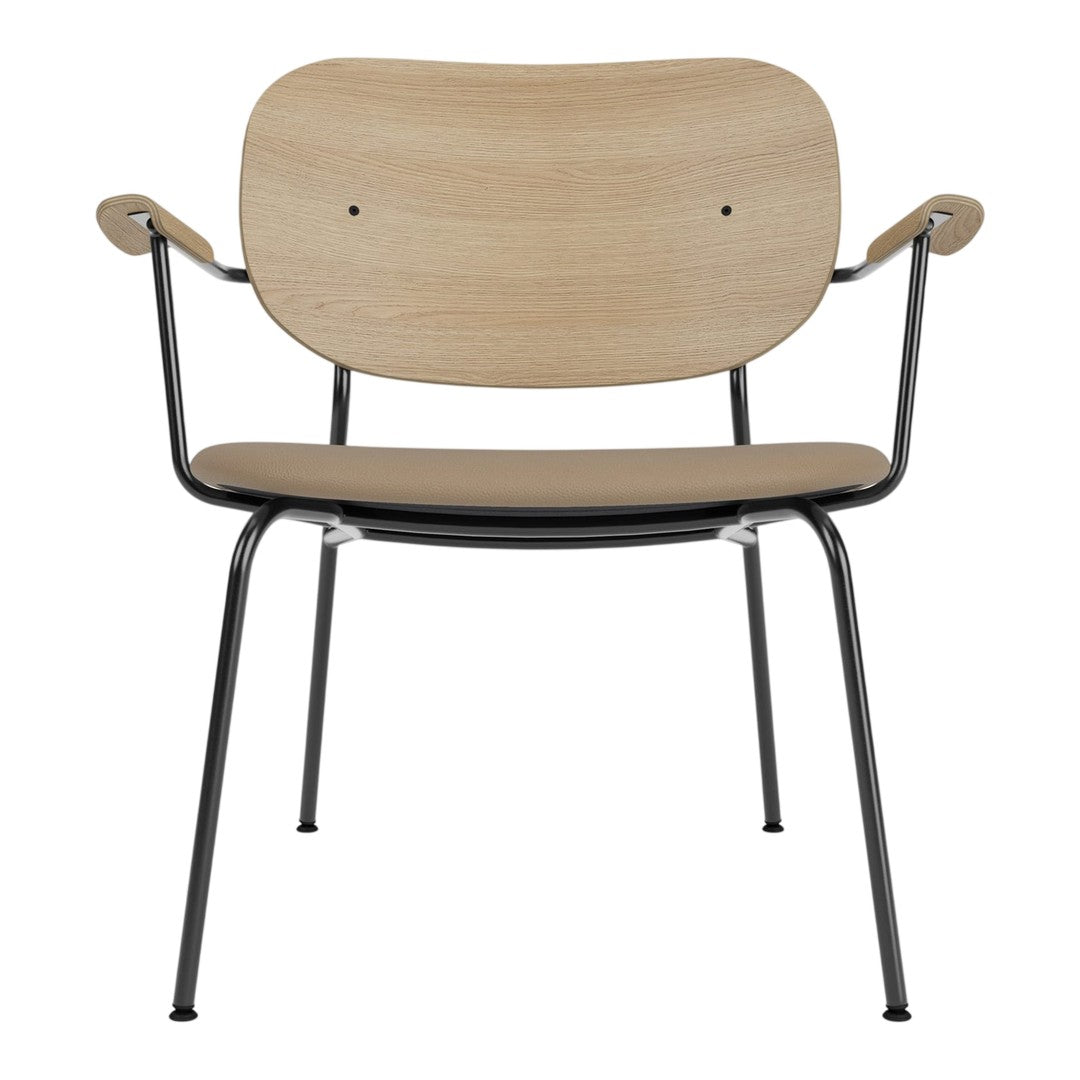 Light oak wood chair with a smooth finish and black metal legs, featuring a minimalist design and natural color palette.