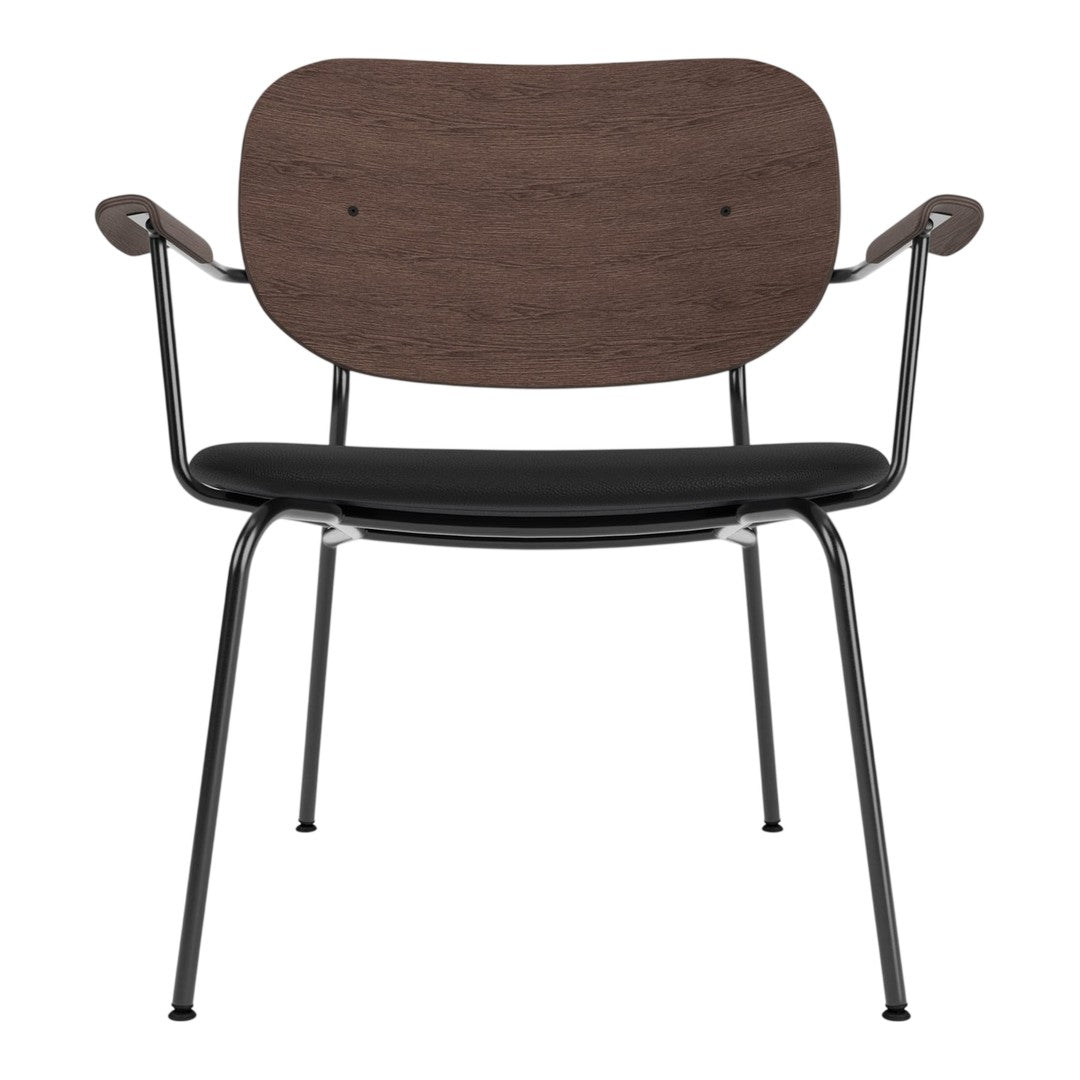 Black and brown wood chair with sleek metal legs, featuring a minimalist design and smooth, modern aesthetics.