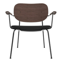 Black and brown wood chair with sleek metal legs, featuring a minimalist design and smooth, modern aesthetics.