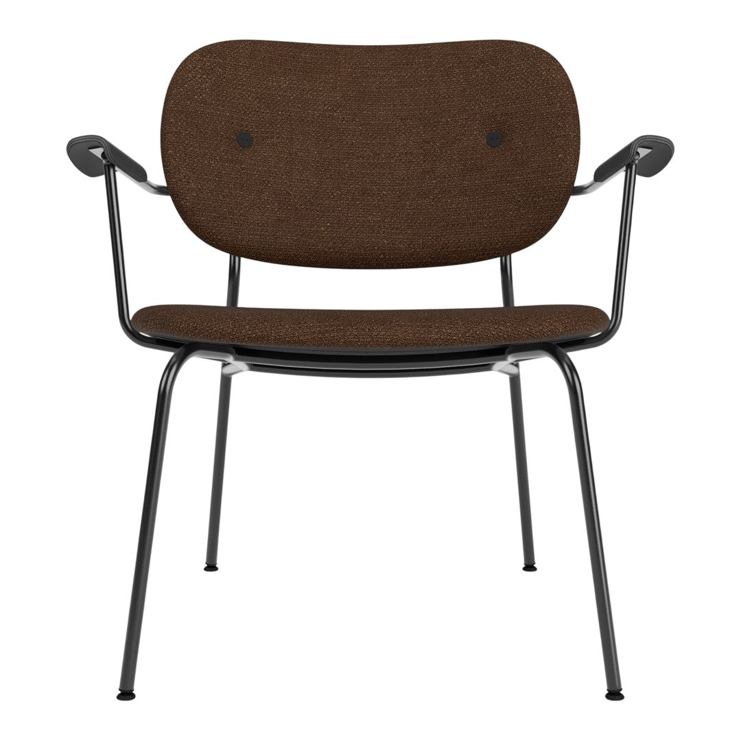 Brown upholstered chair with a sleek black metal frame and rounded armrests. Simple, modern design with minimal detailing.