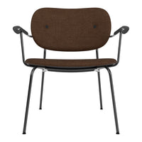 Brown upholstered chair with a sleek black metal frame and rounded armrests. Simple, modern design with minimal detailing.