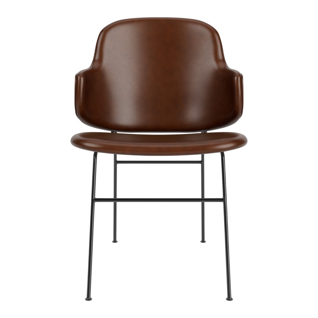 Brown leather chair with a sleek black metal frame. Elegant, modern design with smooth curves and a minimalist aesthetic.