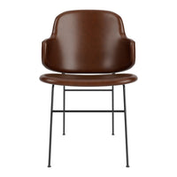 Brown leather chair with a sleek black metal frame. Elegant, modern design with smooth curves and a minimalist aesthetic.