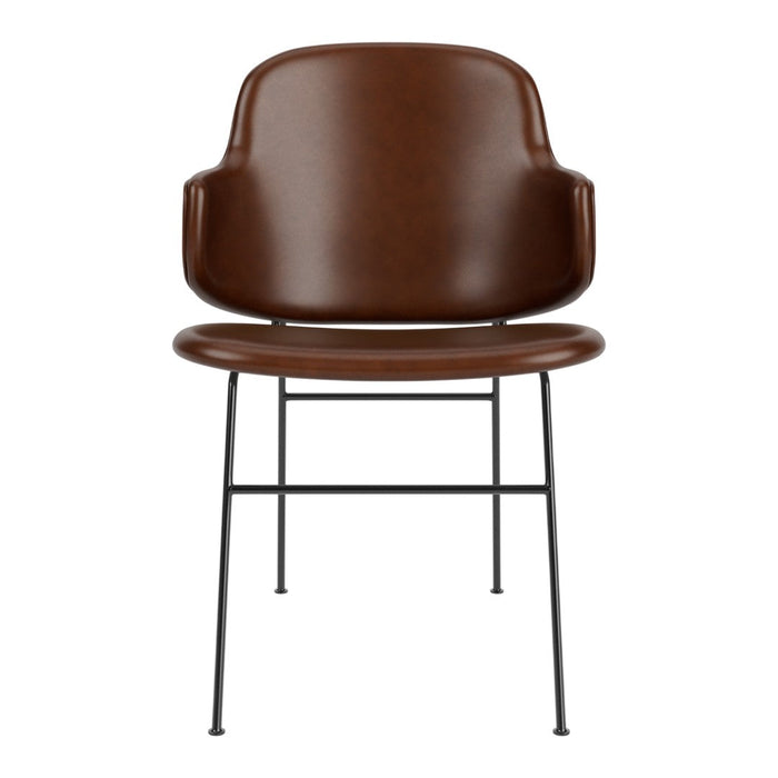 Brown leather chair with a sleek black metal frame. Elegant, modern design with smooth curves and a minimalist aesthetic.