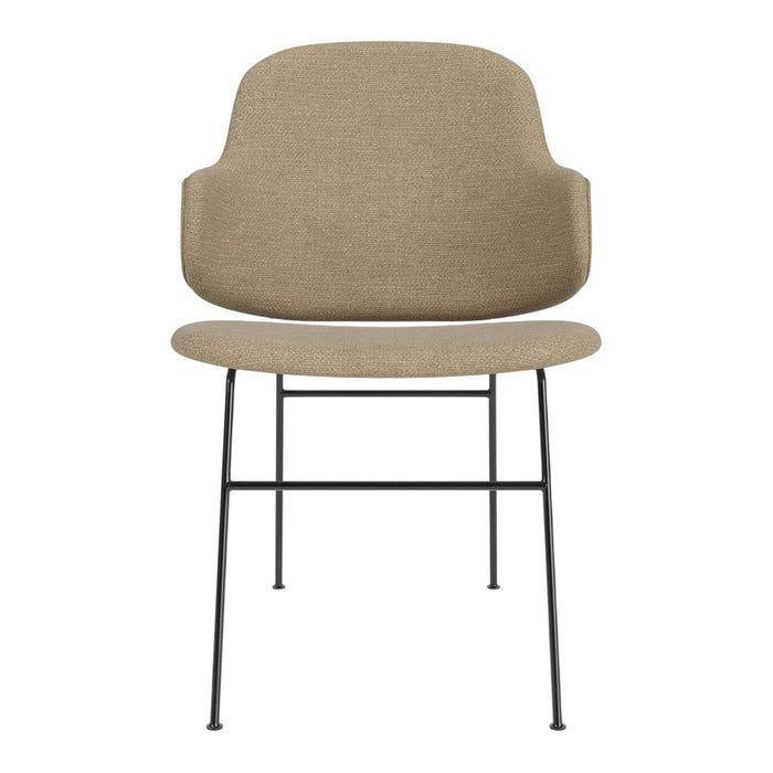 Beige upholstered chair with a minimalist design and black metal legs, showcasing a smooth, solid pattern.