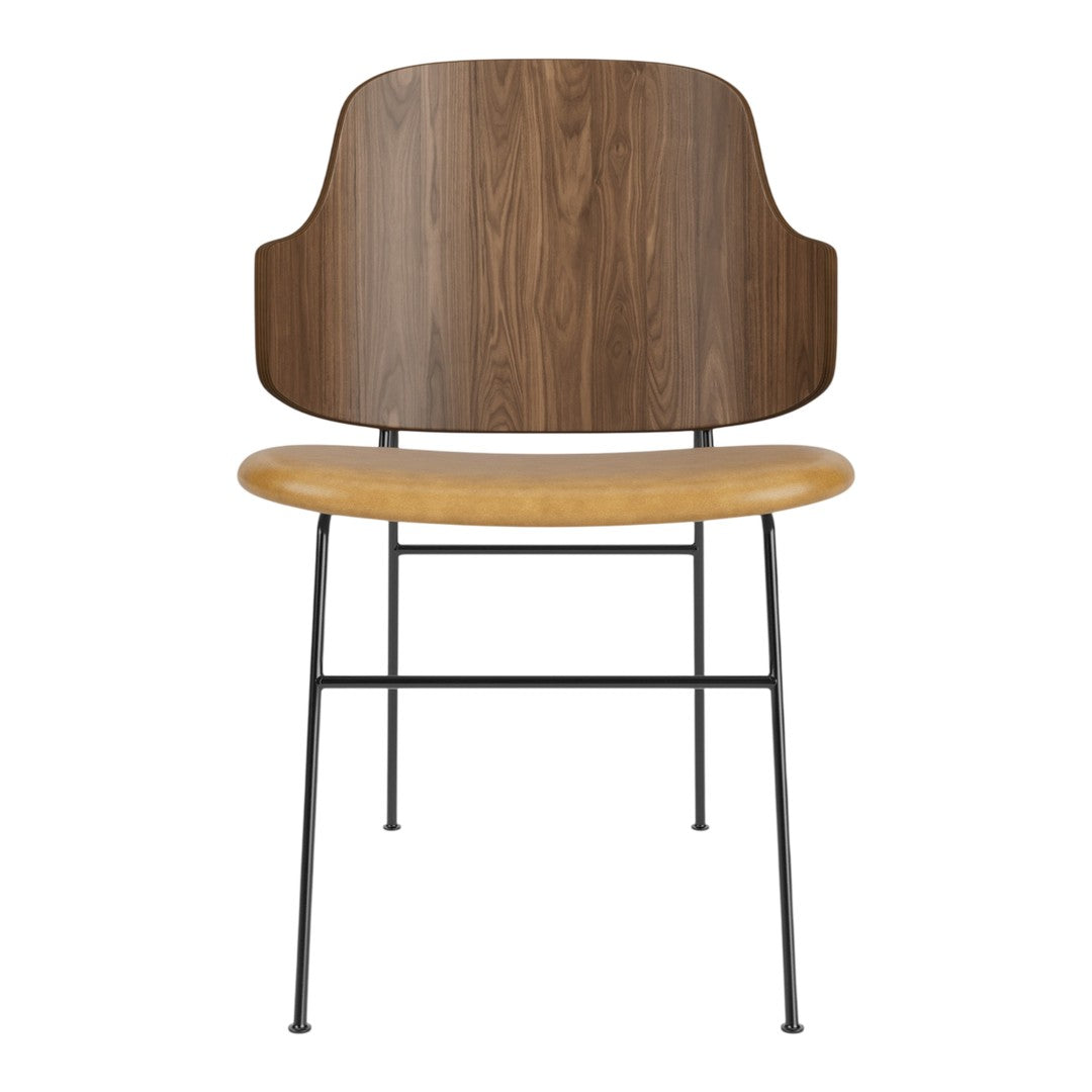 Mid-century modern chair with a walnut wood backrest, light wood seat, and sleek black metal legs.
