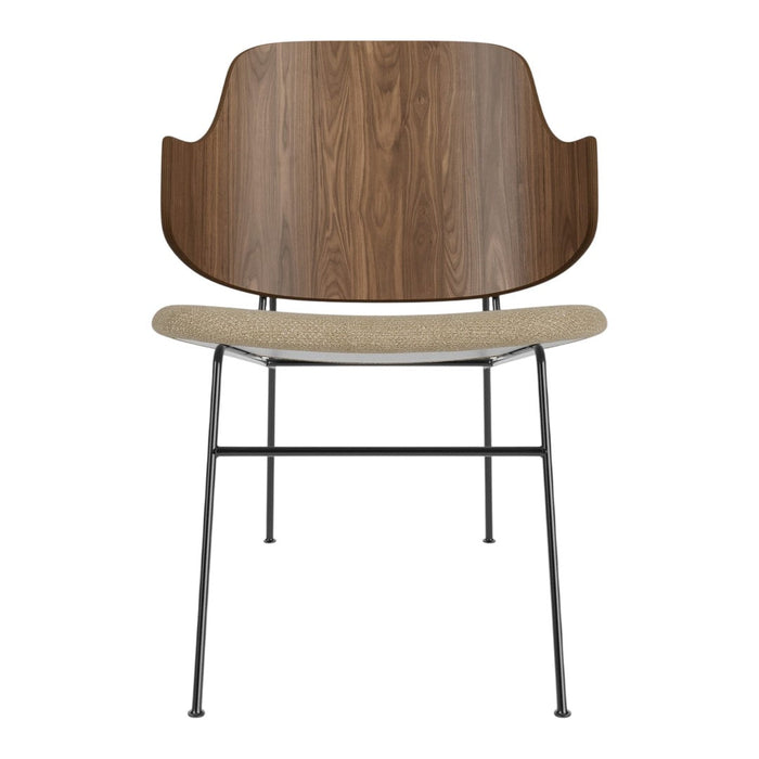 Wooden chair with a walnut backrest and beige upholstered seat, featuring a minimalist metal frame.