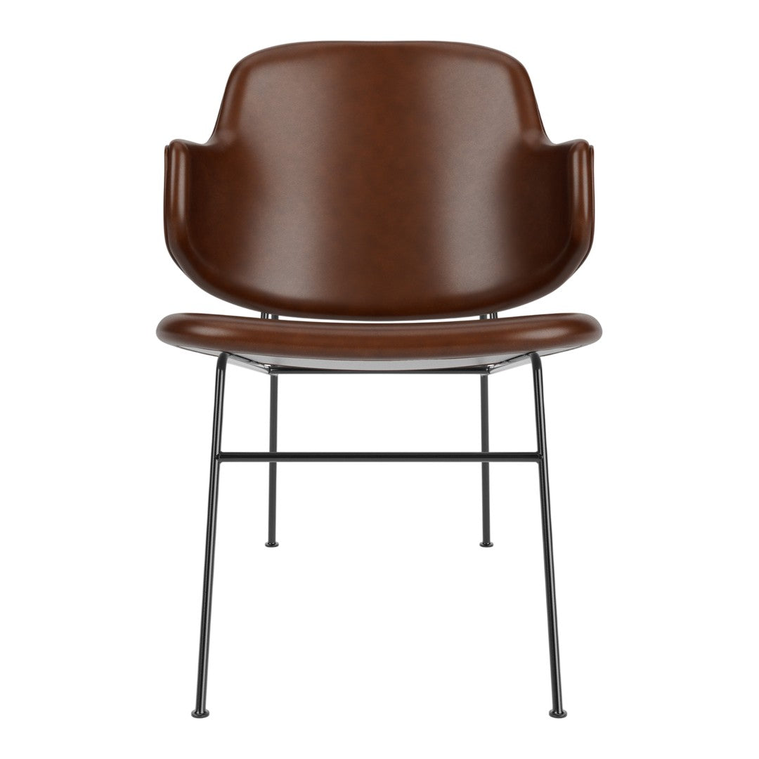 Brown leather chair with smooth finish and minimalist black metal legs, featuring sleek and modern design.