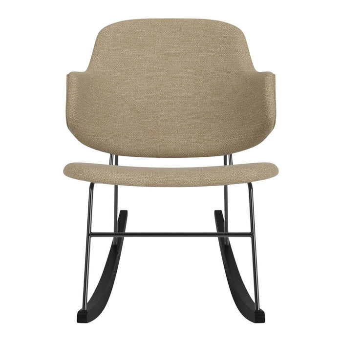 Beige upholstered rocking chair with a minimalist design and black metal frame. Ideal for modern decor.