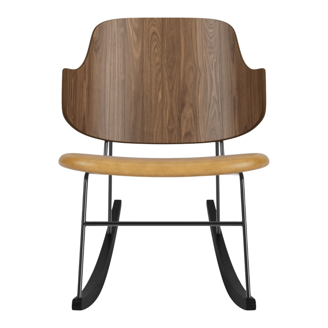 Wooden rocking chair with a walnut finish and a natural wood seat, complemented by black metal legs.