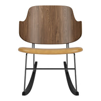 Wooden rocking chair with a walnut finish and a natural wood seat, complemented by black metal legs.