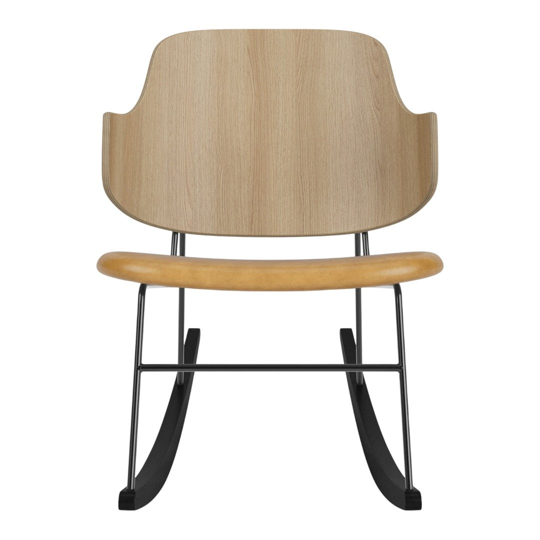 Natural wood and black metal rocking chair with smooth, minimalist design. Features light wood grain and sleek lines.